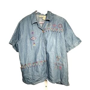 Vintage Koret‎ City Blues Women's Button up Shirt Embroidered Beaded Blue Large
